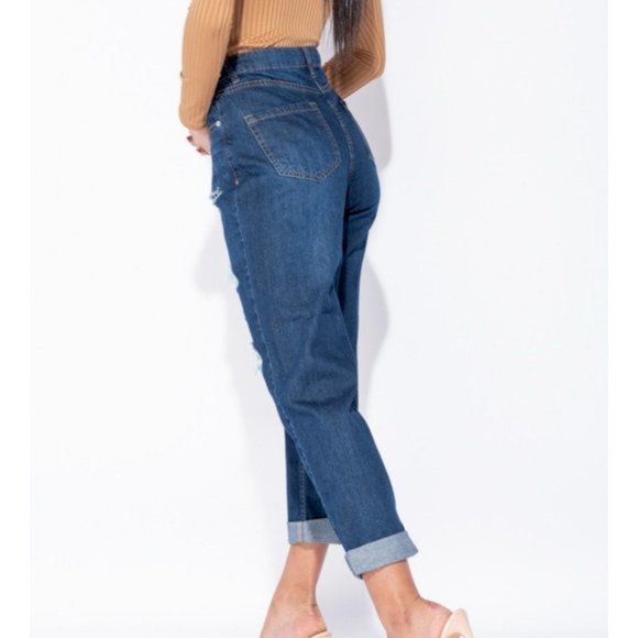 Blue High Waist Ripped Distressed Cuffed Boyfriend Jeans Denim Pants - Picture 9 of 13